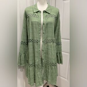🌹NWT IBIZA Anne Cole Basil Long Sleeve Button Up Crochet Adorned Dress, M
